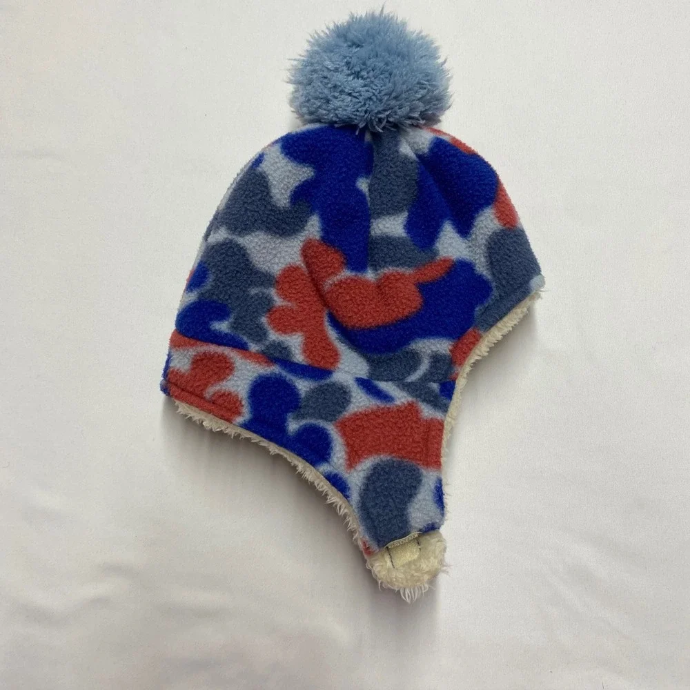 LL Bean Baby Fleece Trapper Hat 6-12M Blue Red Camo Sherpa Lined 515295